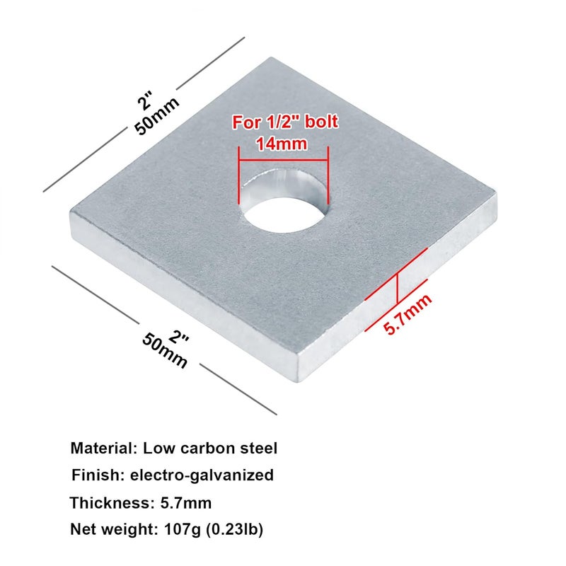 heneng 10 Pcs 7/32" Thick Steel Square Plate Washer, 1/2"(ID) x 2" x 2", Flat Bearing Plate Washer - Image 2